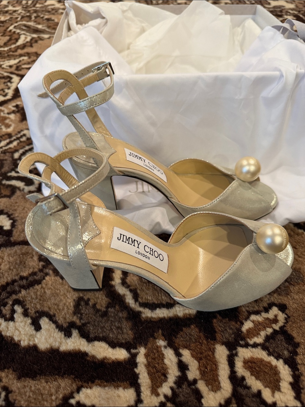 Jimmy Choo Silver Metallic Block Heel Sandals with Pearl Toe Accent. Never Worn!